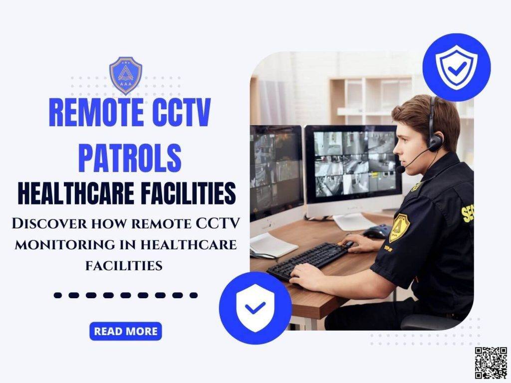 Healthcare facility security control room with multiple CCTV monitors showing hospital corridors and patient areas