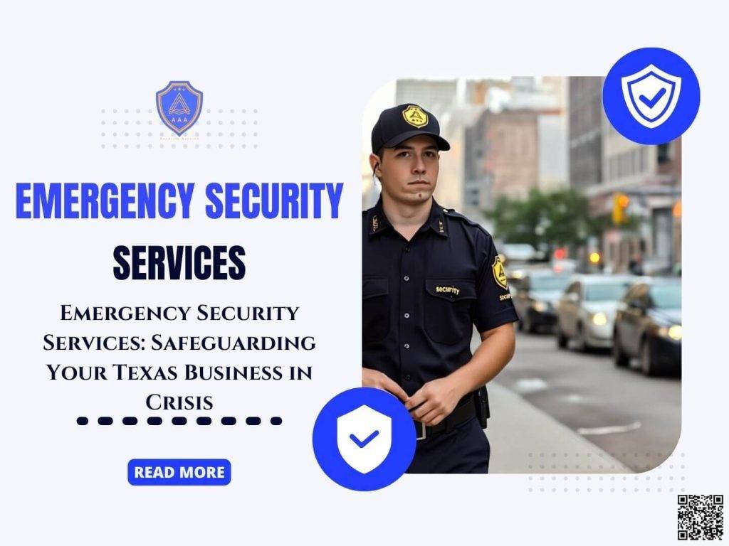 Security guard coordinating with law enforcement and EMTs during an emergency in Texas.