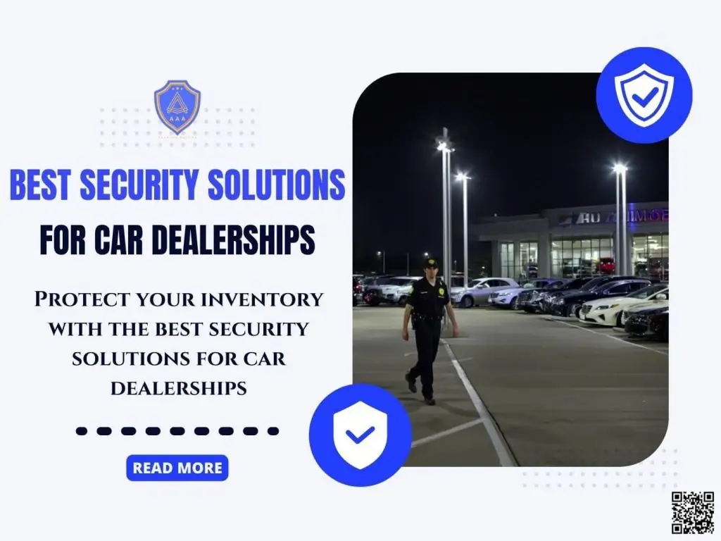 Security guard patrolling a well-lit car dealership lot at night with surveillance cameras visible
