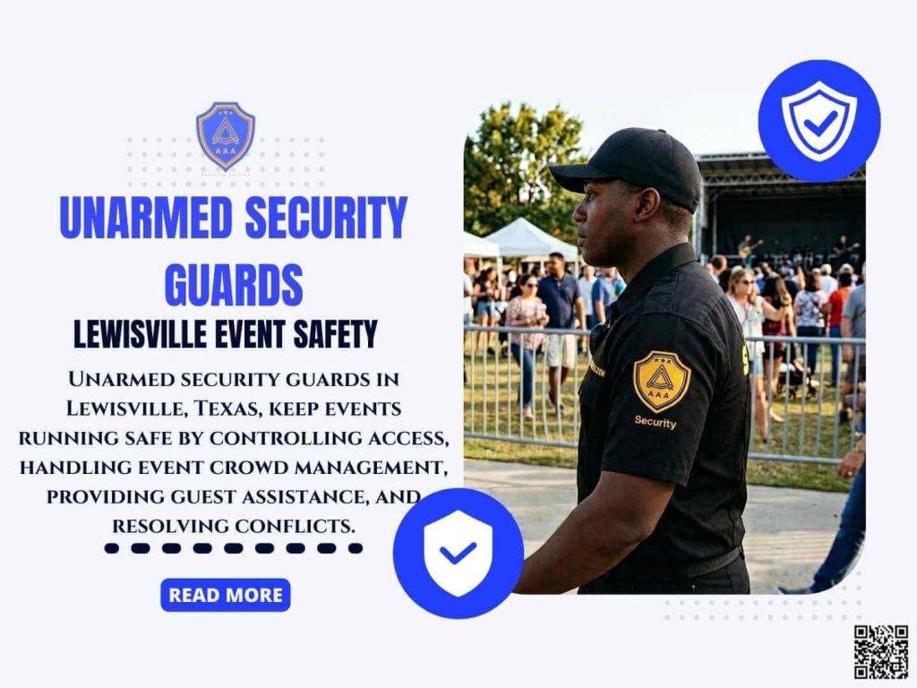 Unarmed security guard walking naturally while monitoring safety at a public event in Lewisville Texas