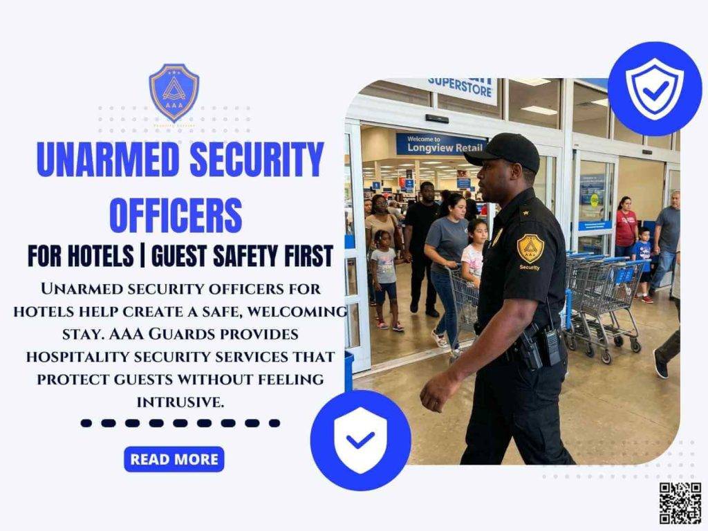 Unarmed security officer ensuring hotel guest safety in Houston and Dallas Texas – AAA Security Guards Company